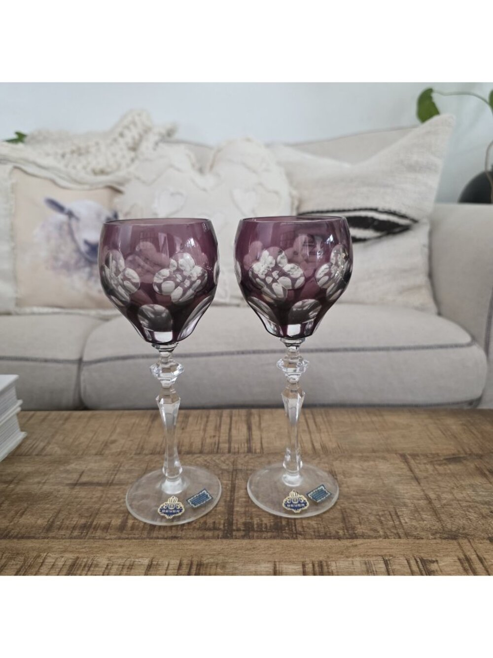 Beyer Germany Set of 2 Amethyst Purple Cut Crystal Wine Glasses